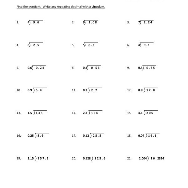 Seventh Grade Dividing Decimals Worksheet 05 â One Page Worksheets